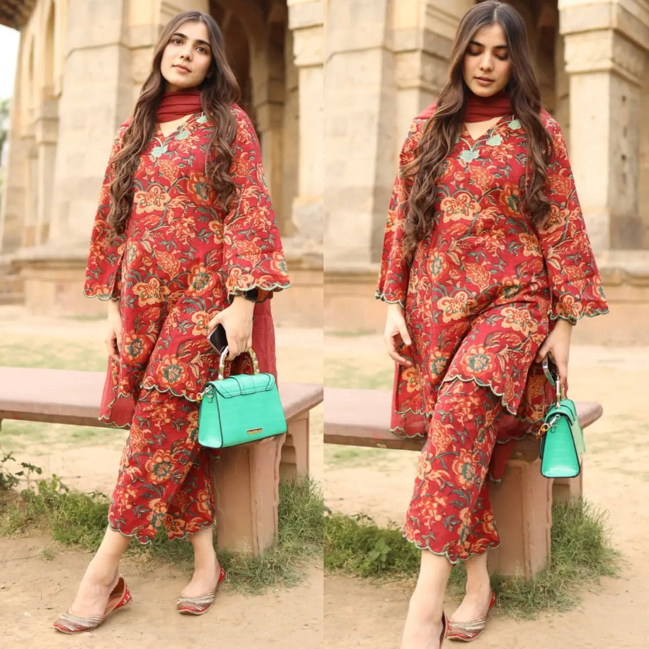 Maroon cotton cord set with contrast green scallop embroidery