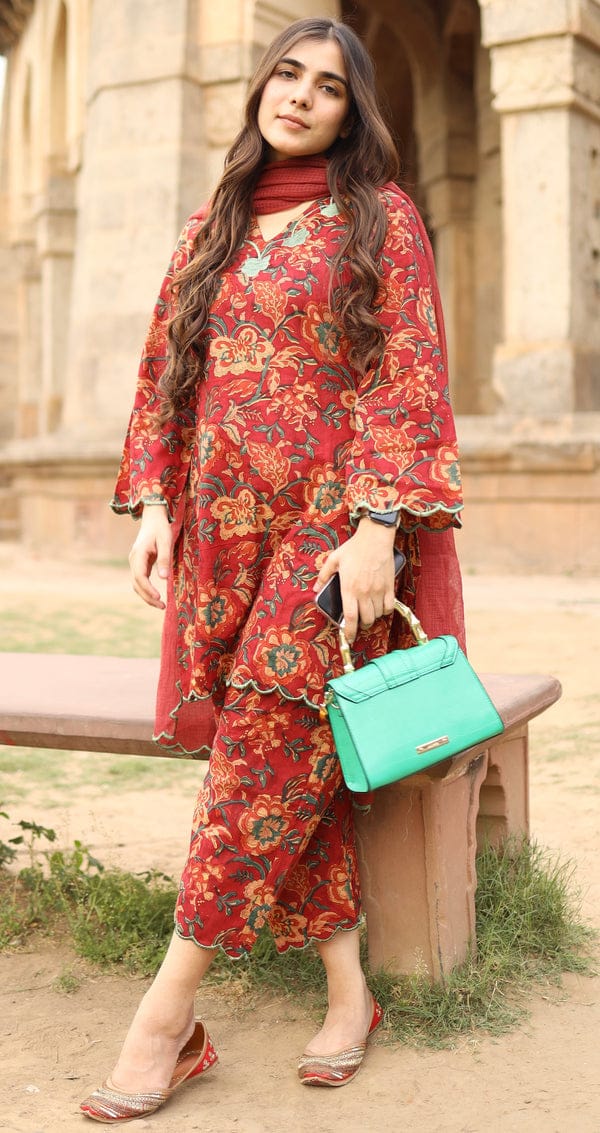 Cotton top and bottom set paired with Kota Doria dupatta