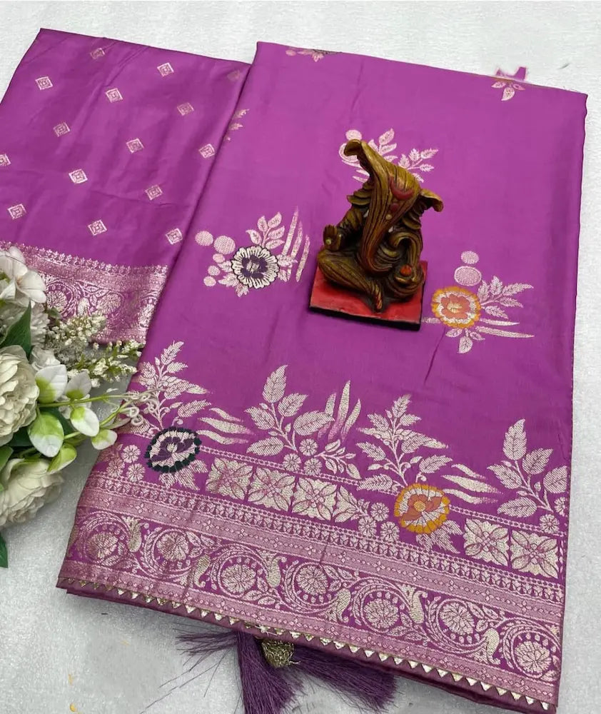 Traditional Bandhej-style saree with Meena zari and bijia work in lavender

