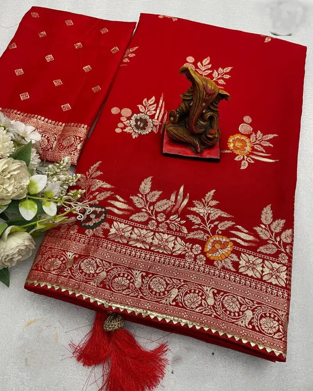 Traditional Bandhej-style saree with Meena zari and bijia work in red

