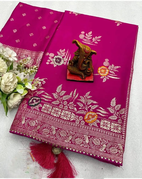 Traditional Bandhej-style saree with Meena zari and bijia work in pink

