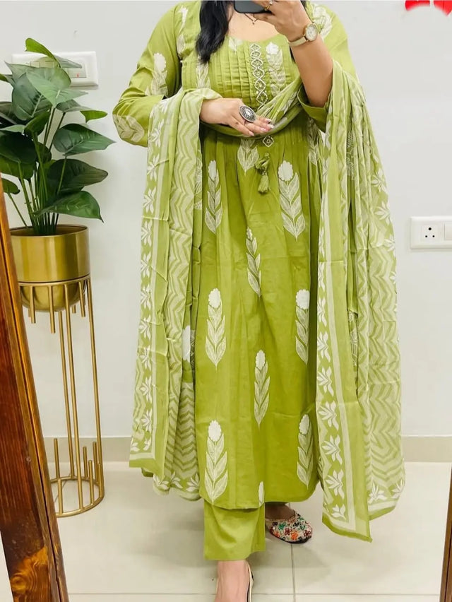 Mirror work Anarkali kurti set with cotton pants and malmal dupatta