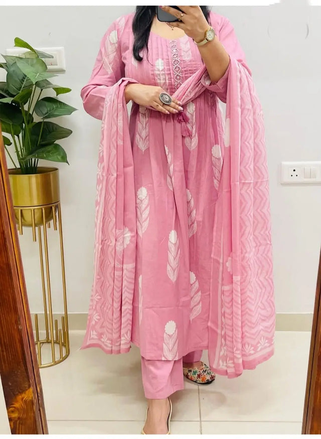 Elegant festive Anarkali suit set in cotton with 2.1m malmal dupatta