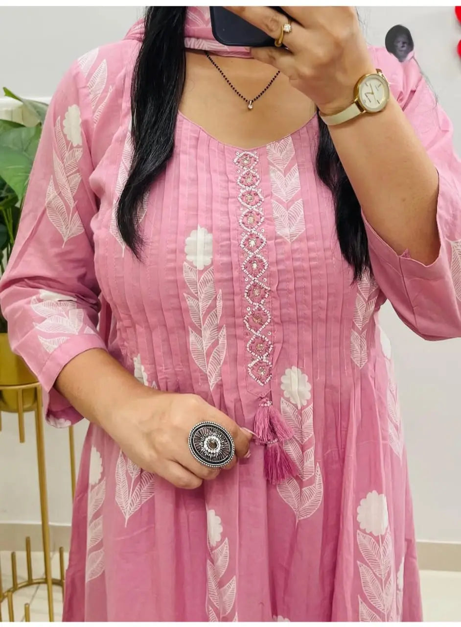 Traditional cotton kurta set with hand embroidery and flared silhouette

