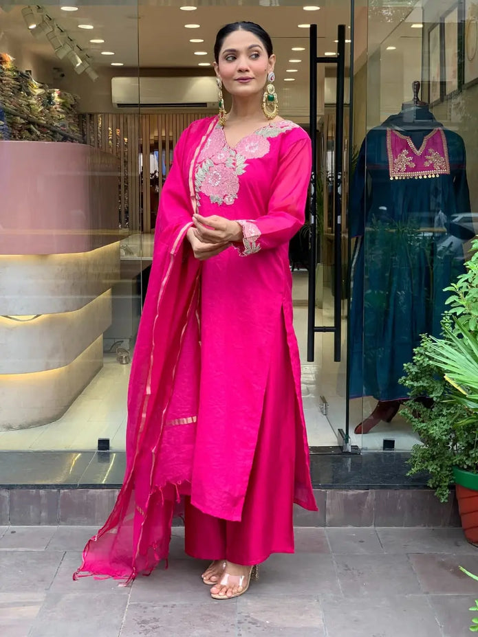 Cotton embroidered kurti pant set with full Chanderi dupatta