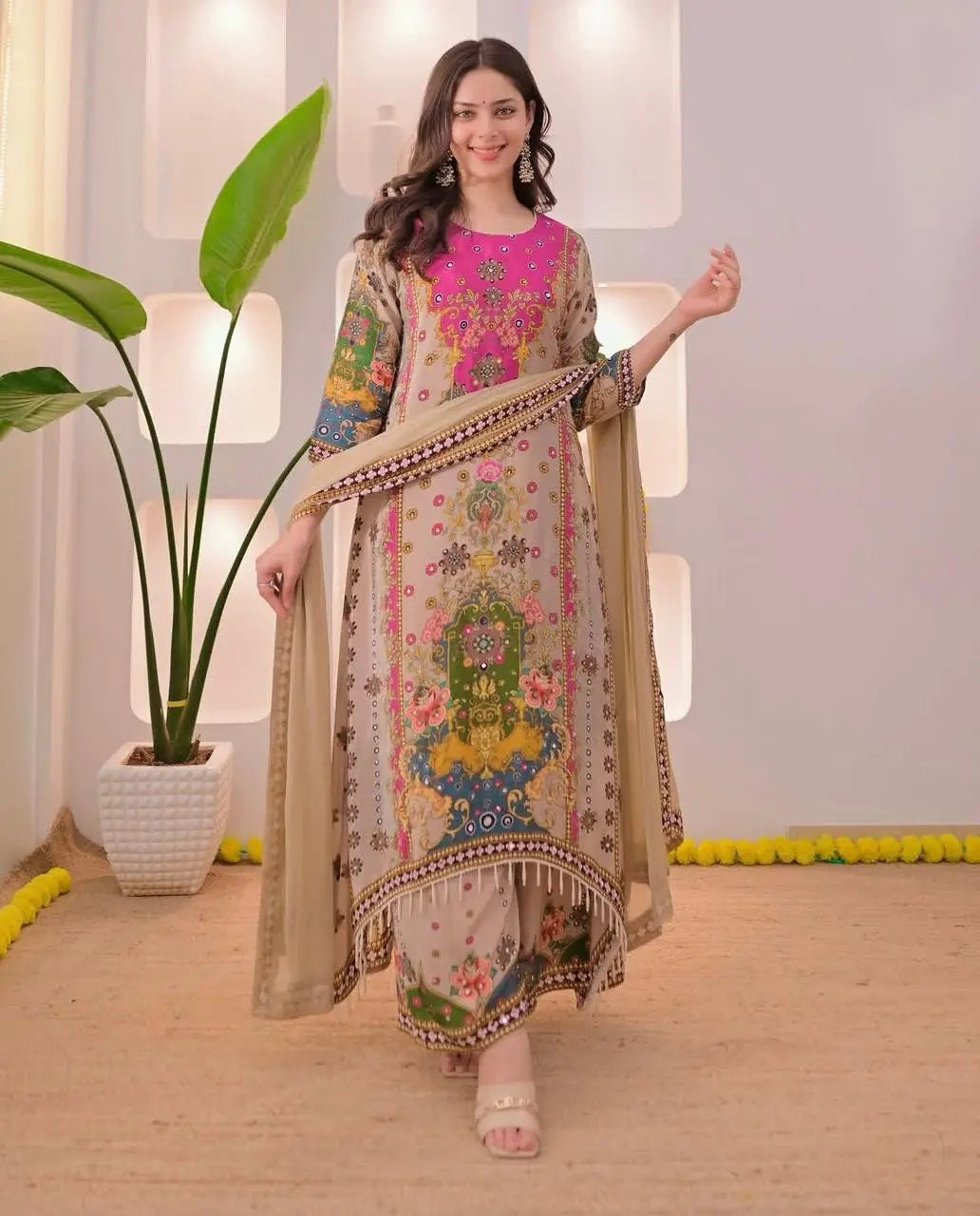 Festive muslin cotton Anarkali set with pearl mala and dupatta