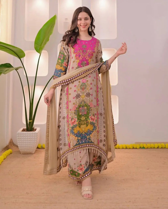 Festive muslin cotton Anarkali set with pearl mala and dupatta