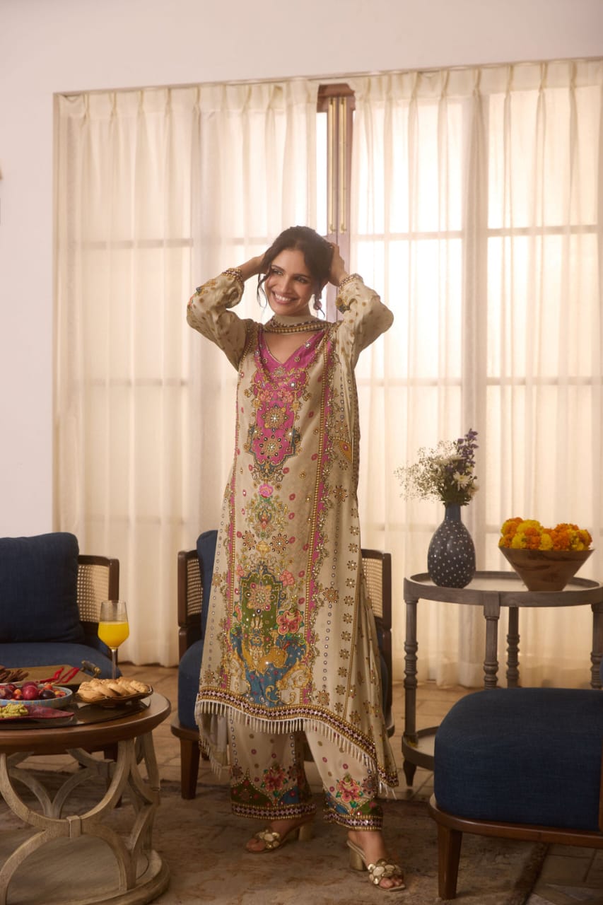 Double-shade muslin Mirror Work Anarkali Kurti Set with plazzo