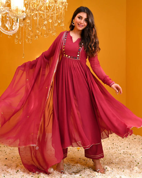 Mirror Work Rayon Anarkali Kurti Set with Nazneen Dupatta