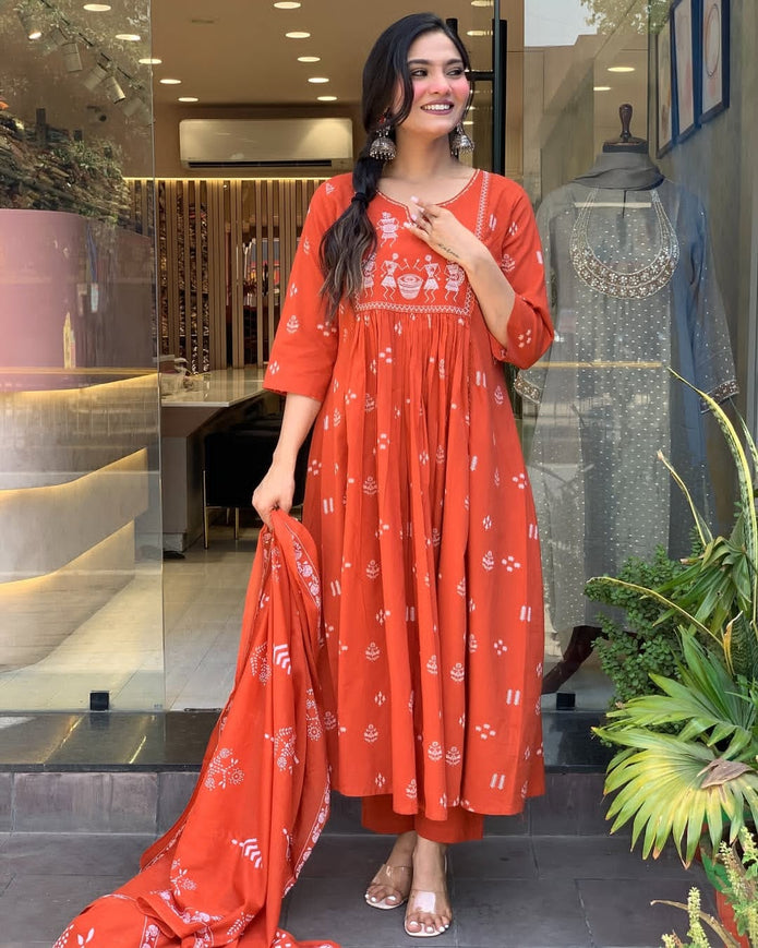 Anarkali cotton kurti set with embroidered yoke and printed tier pattern

