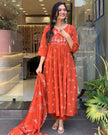 Anarkali cotton kurti set with embroidered yoke and printed tier pattern

