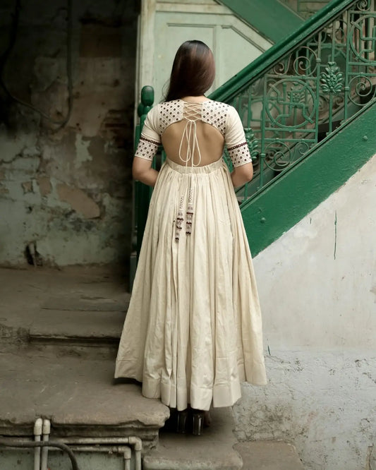 Cotton Anarkali suit with mirror embroidery work