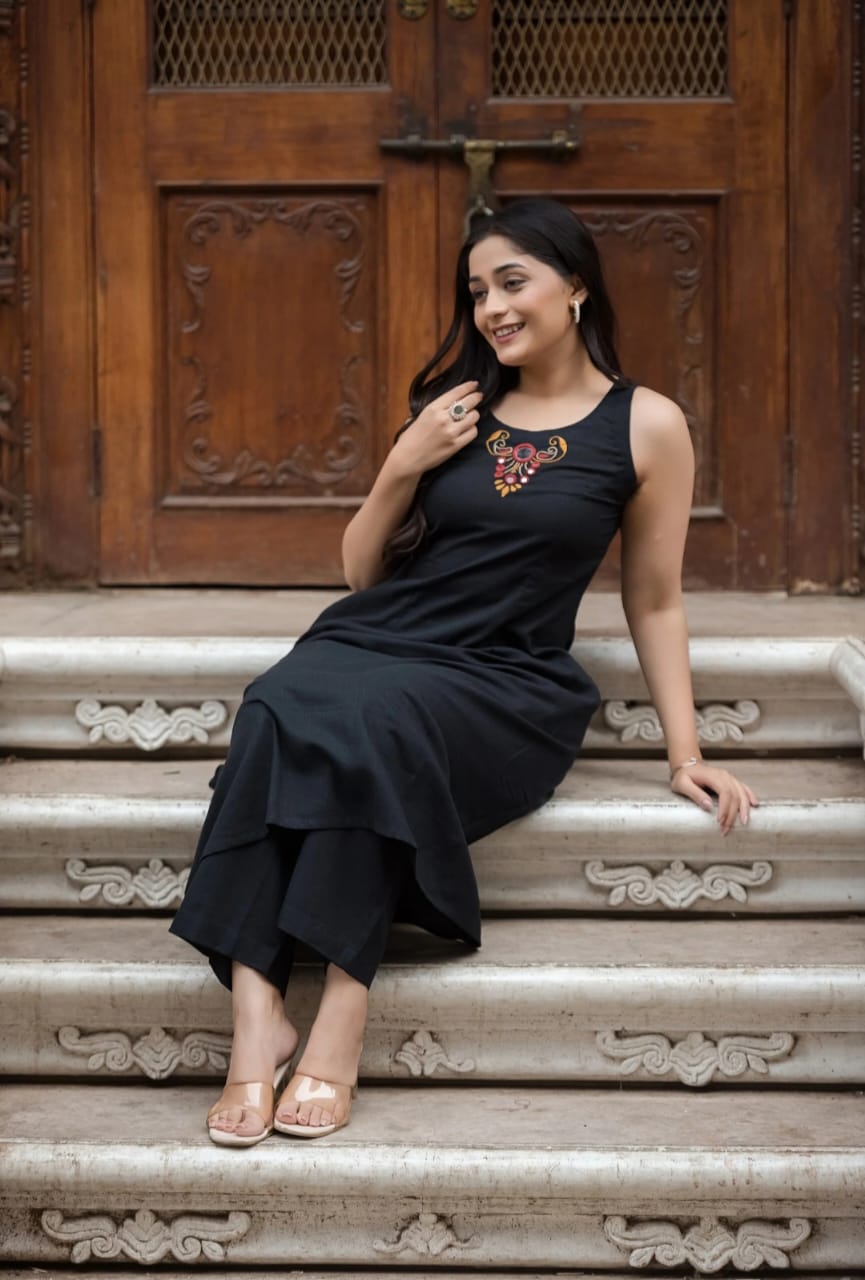 Mirror work cotton kurta with plazo pants