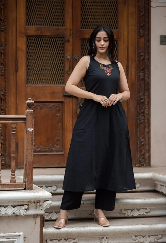 A-line cotton flex kurta set with mirror thread embroidery