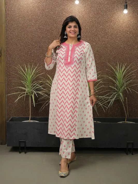 Heavy mirror work cotton kurti with printed pant set