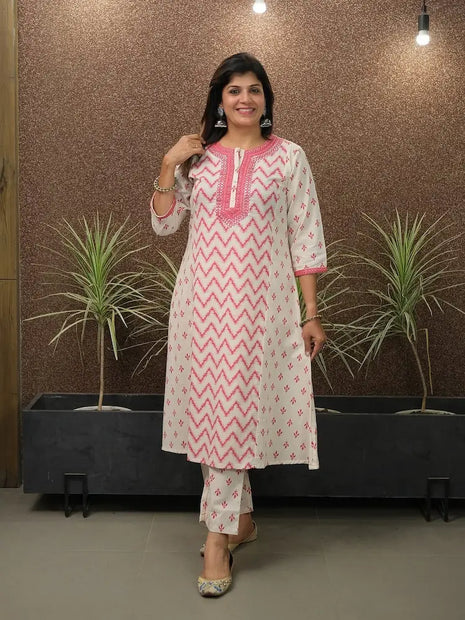 Heavy mirror work cotton kurti with printed pant set