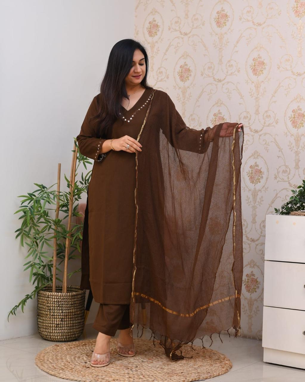 Mirror work cotton slub kurti set with zari Kota Doria dupatta