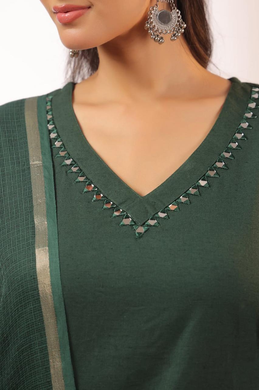 Women’s cotton slub mirror work festive kurti and pant set