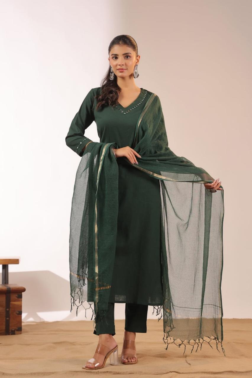 Premium cotton slub kurti set featuring original mirror embroidery