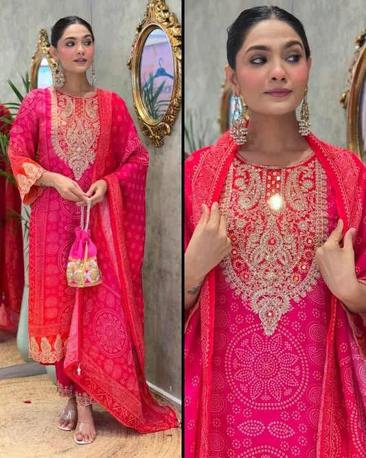 Chinon mirror work straight kurta set with dupatta