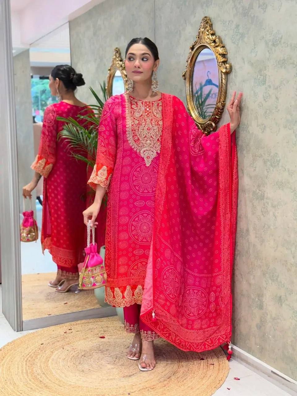 Heavy embroidered kurta with pant and lace dupatta