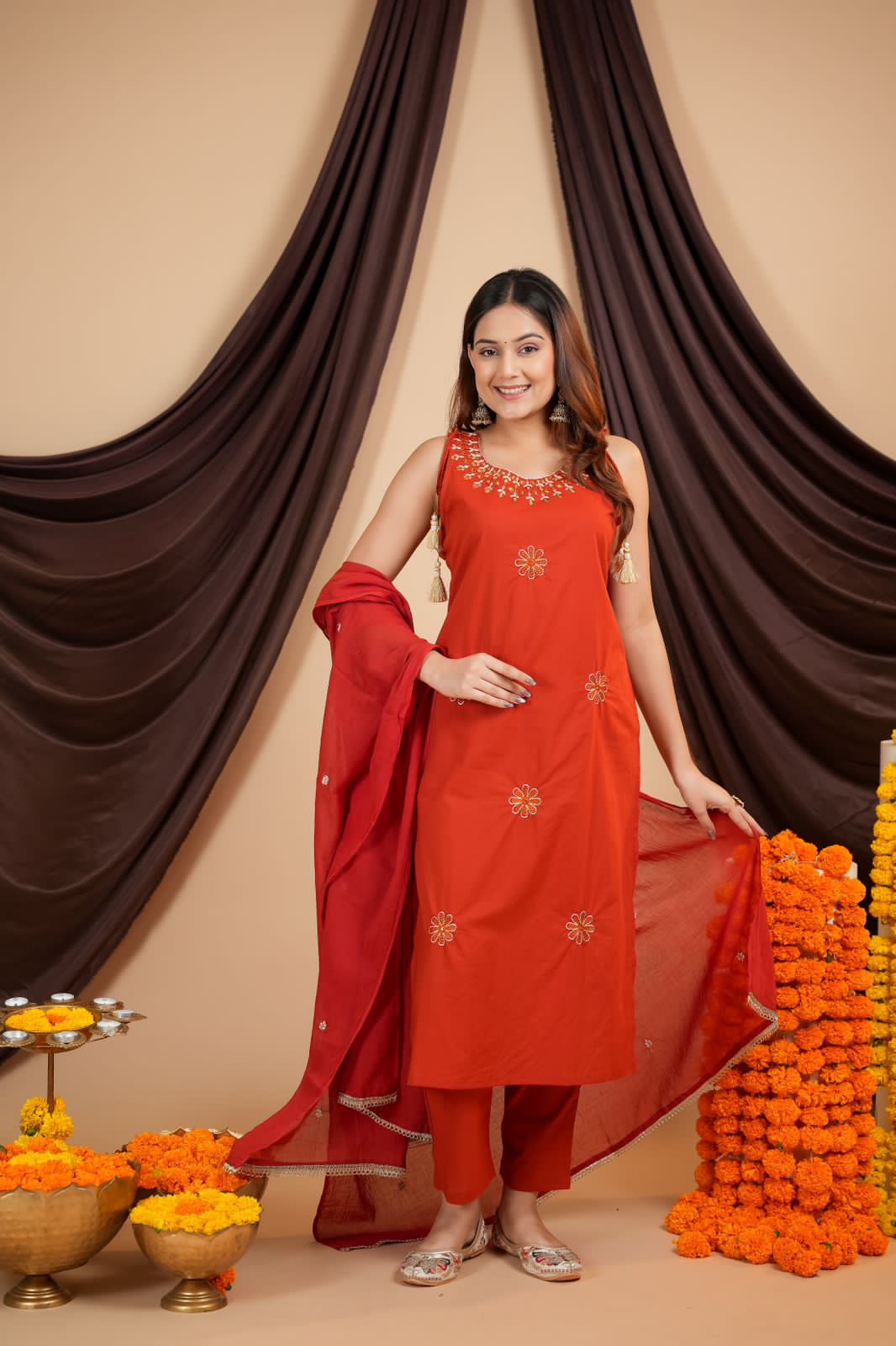 Party Wear Cotton Kurti Set with Embroidered Dupatta