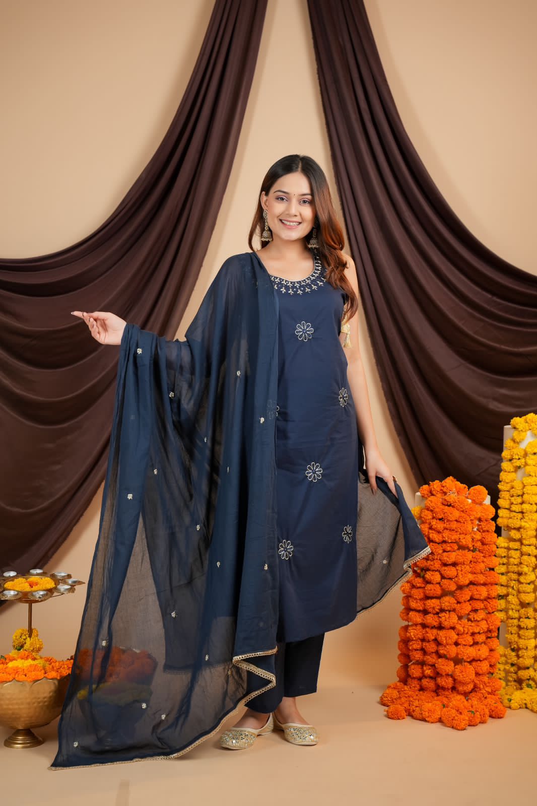 Maabetii Mirror Work Cotton Kurti Set in Four Colors