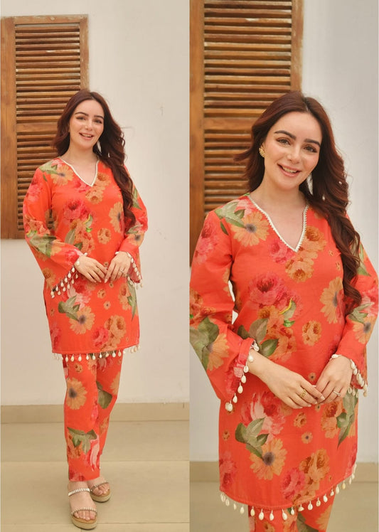 Orange mul cotton coord set with lace – front view