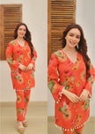 Orange mul cotton coord set with lace – front view