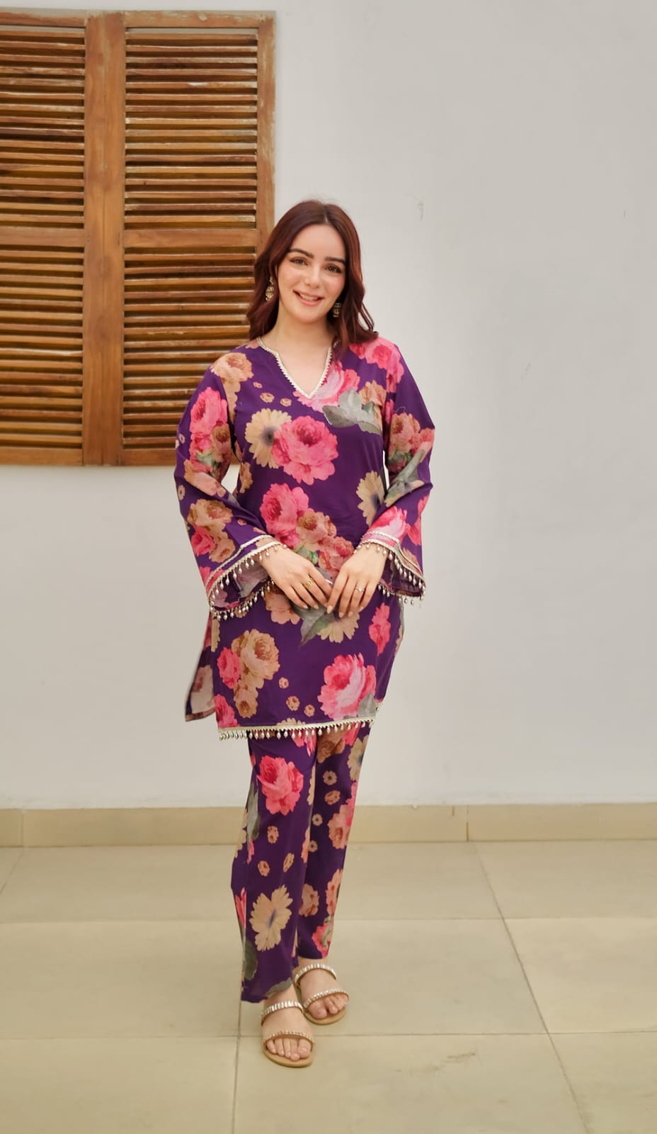 Kurti pant set in cotton with lace detailing