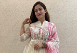 Closeup of neckline embroidery on mul cotton kurta