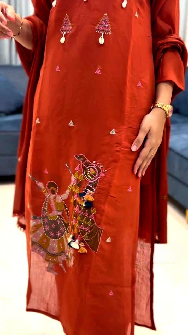 Cotton festive wear kurti pant dupatta set front view