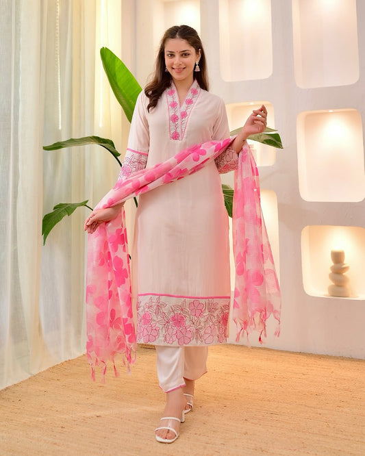 Blush pink cotton flex suit set with zari embroidery