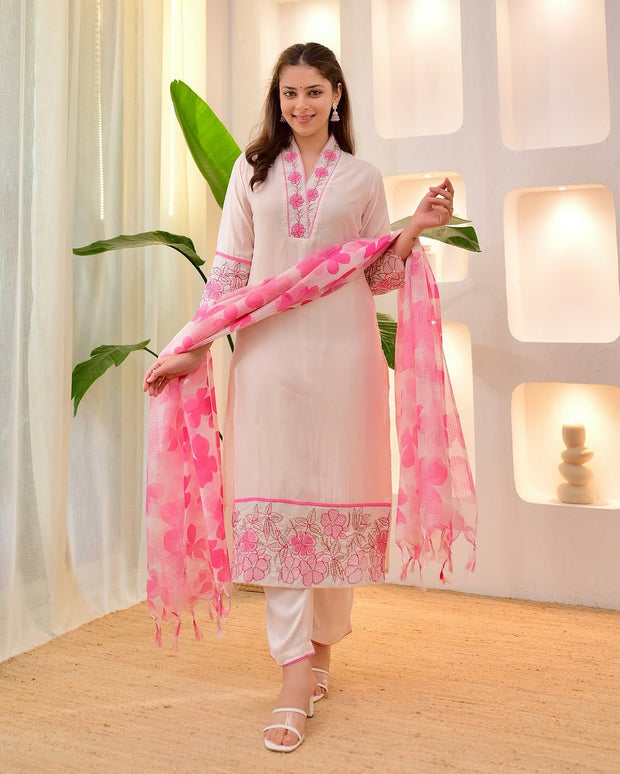 Blush pink cotton flex suit set with zari embroidery