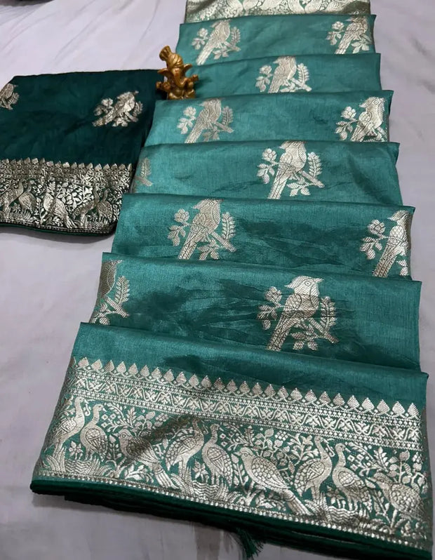 Traditional zari work Dola silk saree for weddings in turqoiuse 
