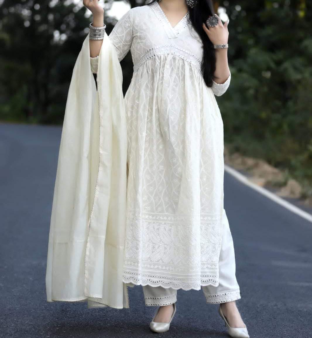 Pure cotton embroidered kurti set with Chanderi dupatta in off-white