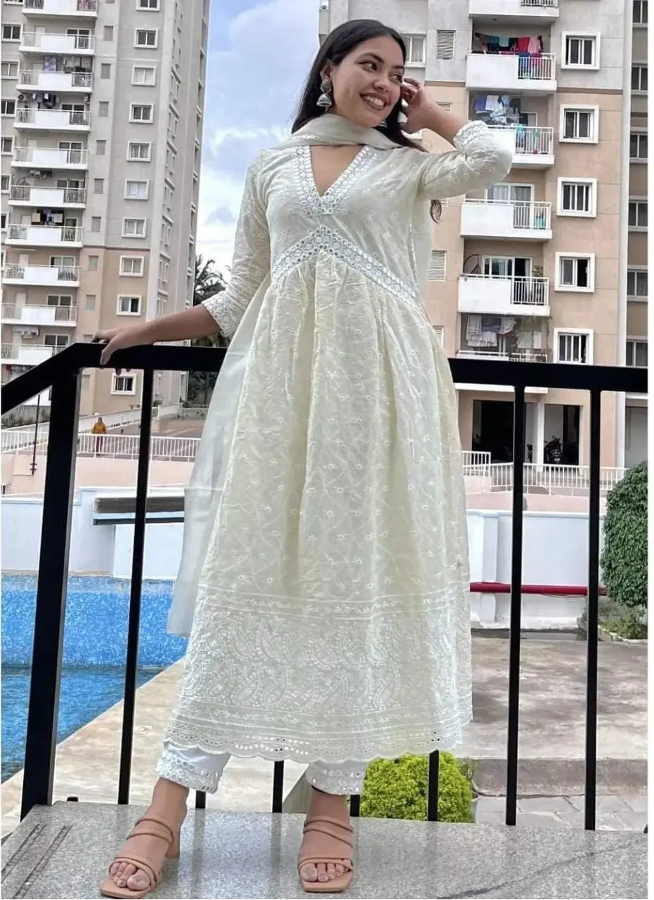 Off-White Chikankari Embellished Nyra Cut