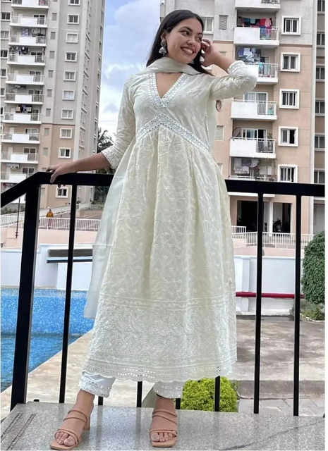 Off-White Chikankari Embellished Nyra Cut