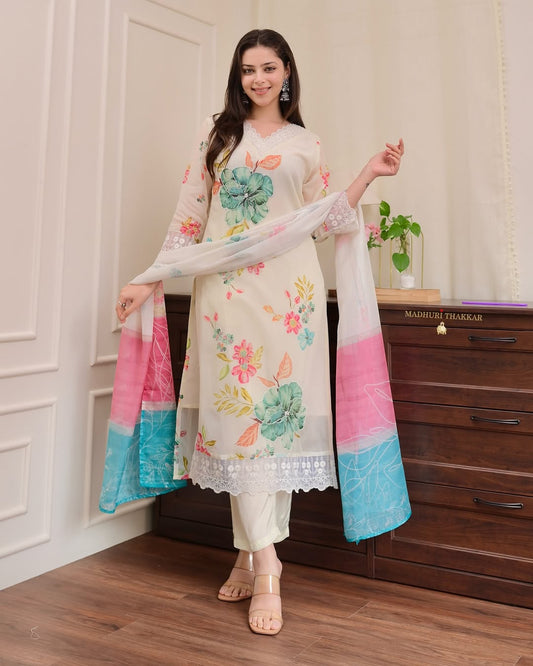 Heavy organza suit set with digital print and handwork