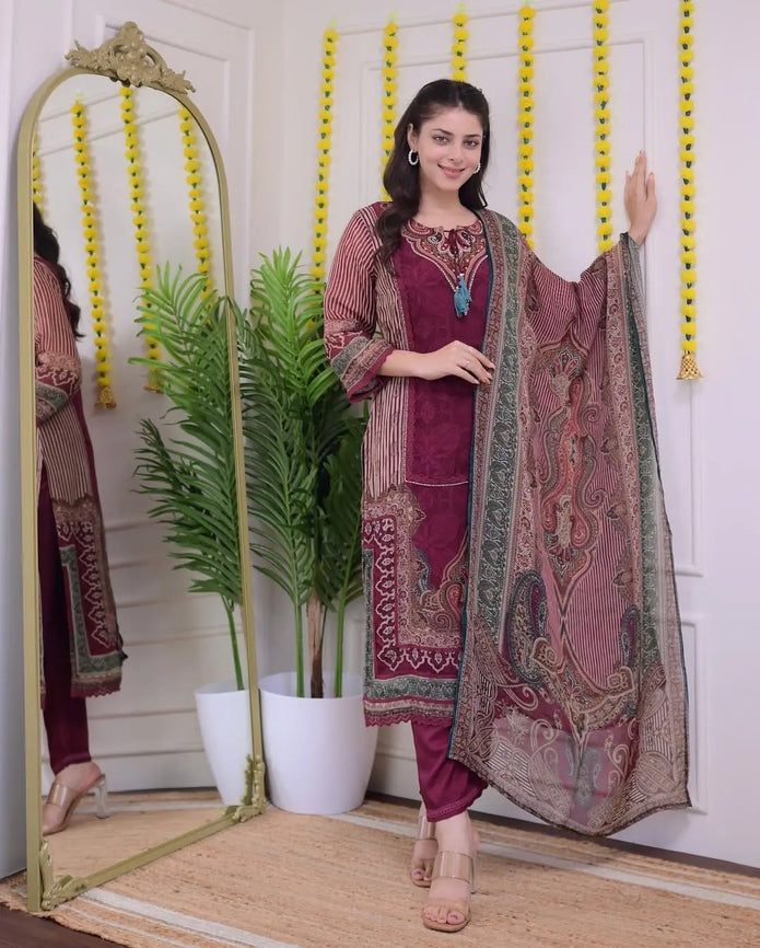 Maroon Pakistani muslin suit with digital print and hand embroidery