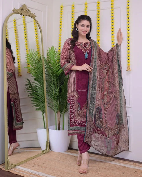 Maroon Pakistani muslin suit with digital print and hand embroidery