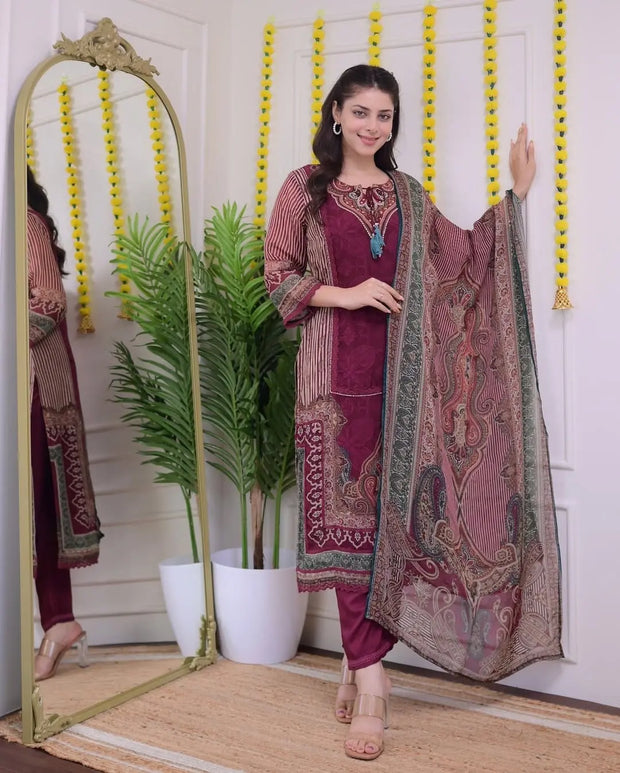 Maroon Pakistani muslin suit with digital print and hand embroidery