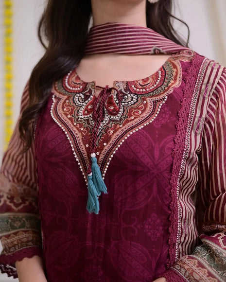 Rajhans muslin maroon kurti pant dupatta set with cotton lining