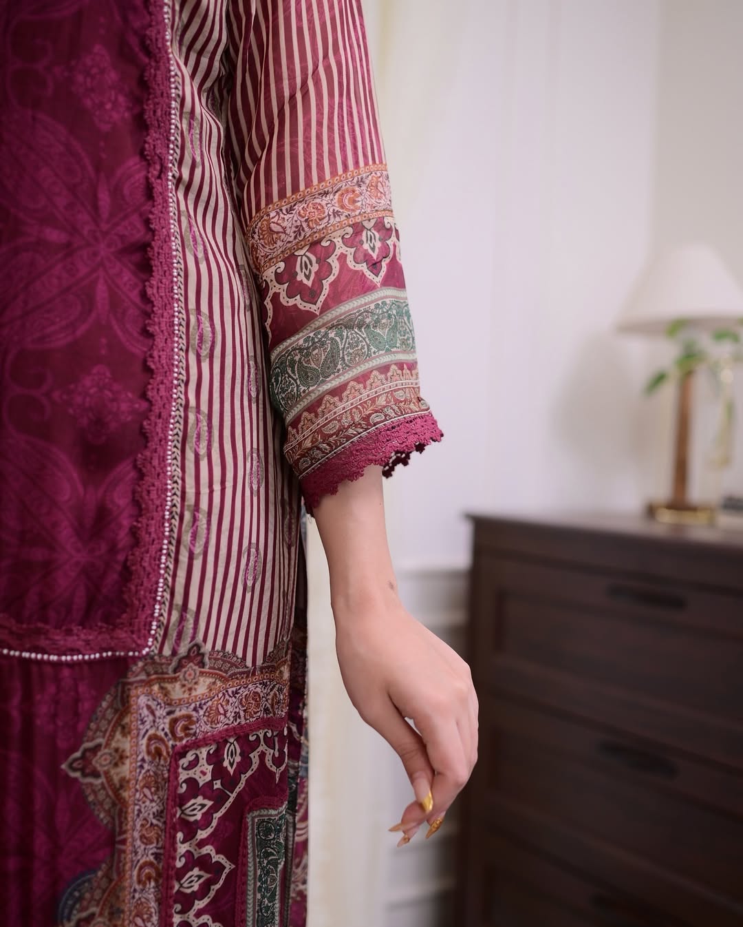 Soft muslin maroon suit with hand embroidery and printed dupatta”