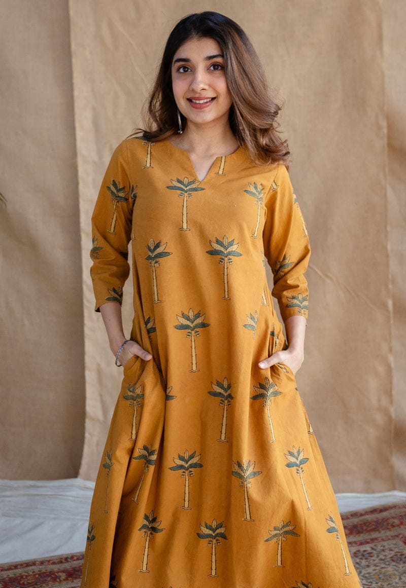 Women’s yellow kurti pant set with lace work and 3/4 sleeves