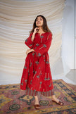 Lace-work Red kurti and pant set in pure cotton