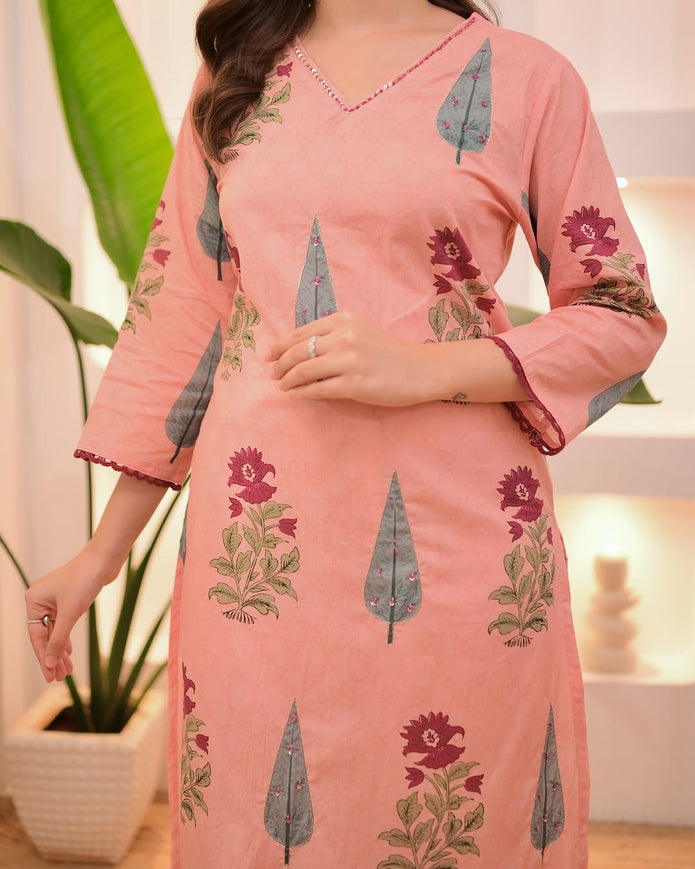 Elegant cotton kurta pant dupatta set in pastel shades