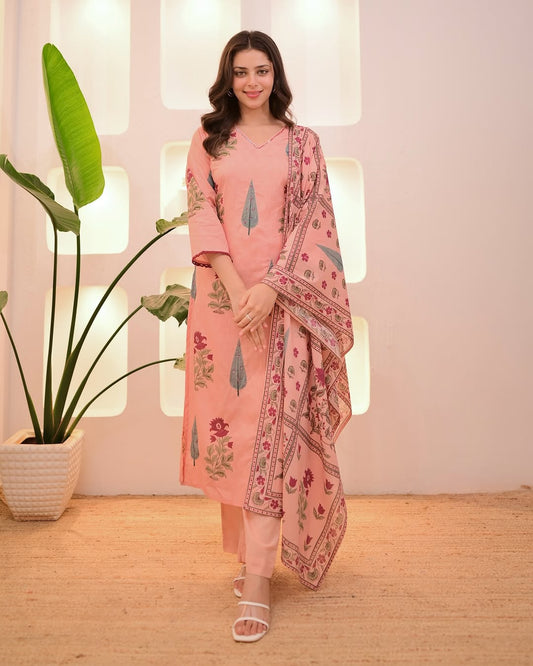 Pastel cotton suit set with floral print and handwork
