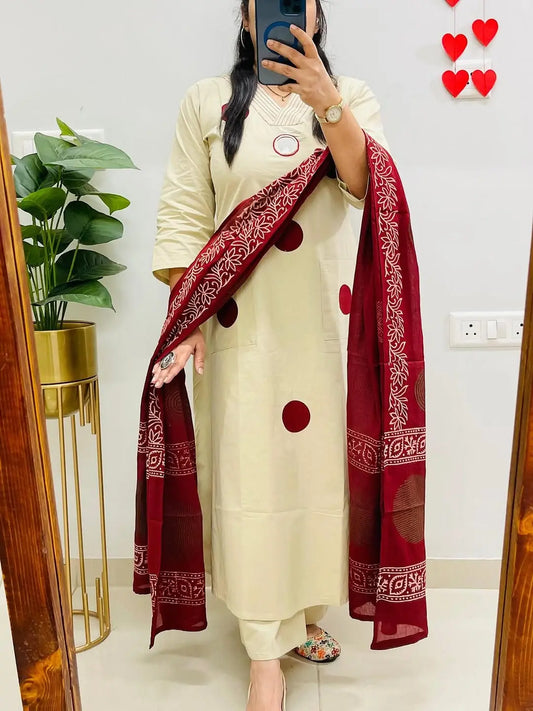 Polka handblock cotton kurti pant set with mulmul dupatta