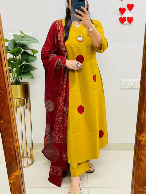 Festive polka printed cotton kurti pant set for women